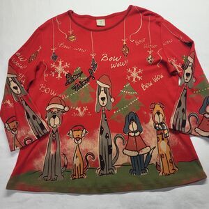 Jess & Jane Boho Festival Christmas Tree Tunic Sz L Red Mineral Wash Dogs